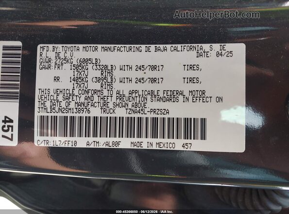 3TMLB5JN2SM138976 2025 TOYOTA TACOMA Gray Вид підкапотного простору