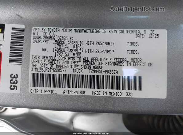 3TMLB5JN2TM220577 2026 TOYOTA TACOMA Gray Vista del compartimento del motor