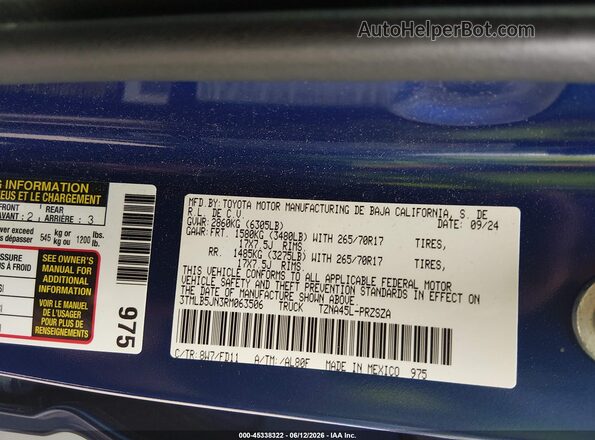3TMLB5JN3RM063506 2024 TOYOTA TACOMA Blue Շարժիչի բաժամունքի տեսք