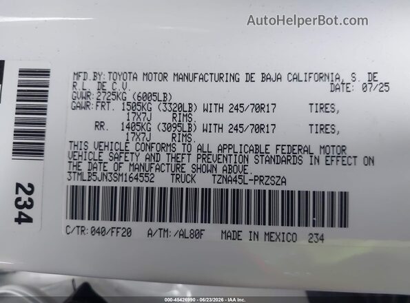 3TMLB5JN3SM164552 2025 TOYOTA TACOMA White Вид підкапотного простору