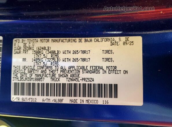 3TMLB5JN3SM188057 2025 TOYOTA TACOMA Blue Vista del compartimento del motor