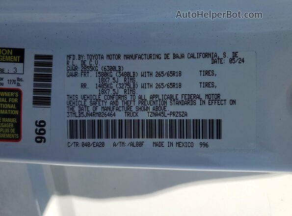 3TMLB5JN4RM026464 2024 TOYOTA TACOMA Белый Вид наклейки с VIN-кодом