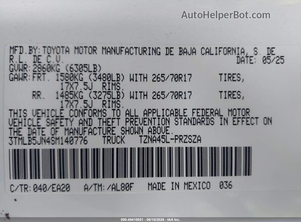 3TMLB5JN4SM140776 2025 TOYOTA TACOMA Белый Вид подкапотного пространства