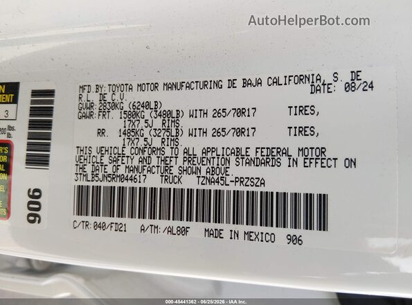 3TMLB5JN5RM044617 2024 TOYOTA TACOMA White Engine compartment view