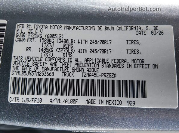 3TMLB5JN5TM253668 2026 TOYOTA TACOMA Silver Շարժիչի բաժամունքի տեսք