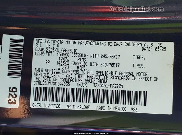 3TMLB5JN7SM144935 2025 TOYOTA TACOMA Серый Вид подкапотного пространства