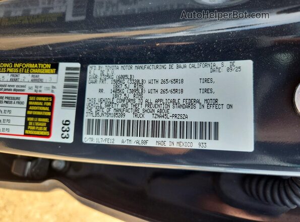 3TMLB5JN7SM185209 2025 TOYOTA TACOMA Gray Widok naklejki z numerem VIN