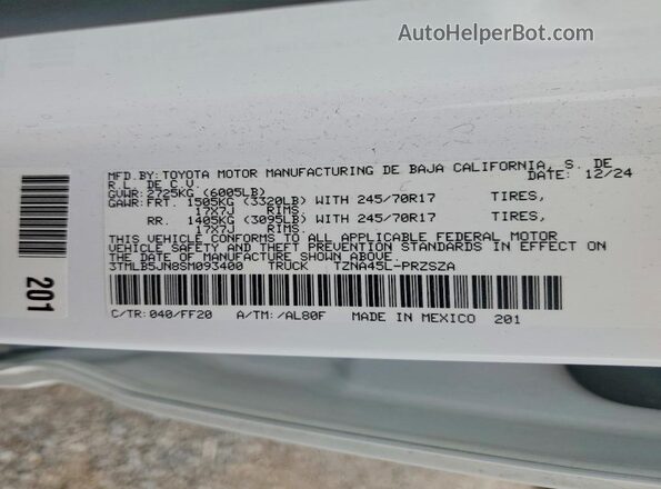 3TMLB5JN8SM093400 2025 TOYOTA TACOMA White Vista del compartimento del motor
