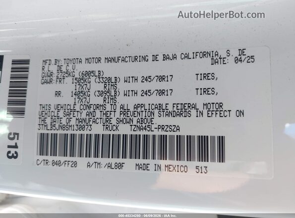 3TMLB5JN8SM130073 2025 TOYOTA TACOMA White Vista del compartimento del motor