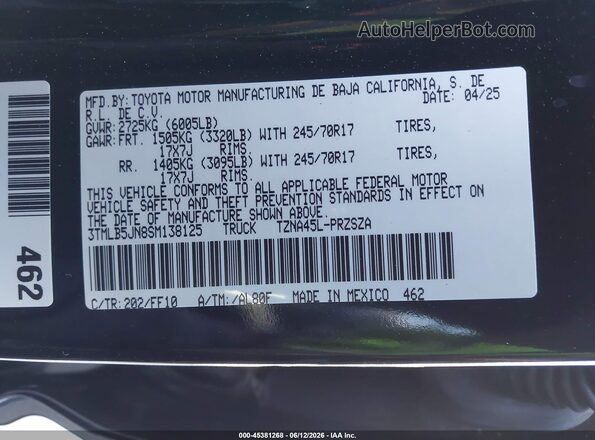 3TMLB5JN8SM138125 2025 TOYOTA TACOMA Black Вид підкапотного простору