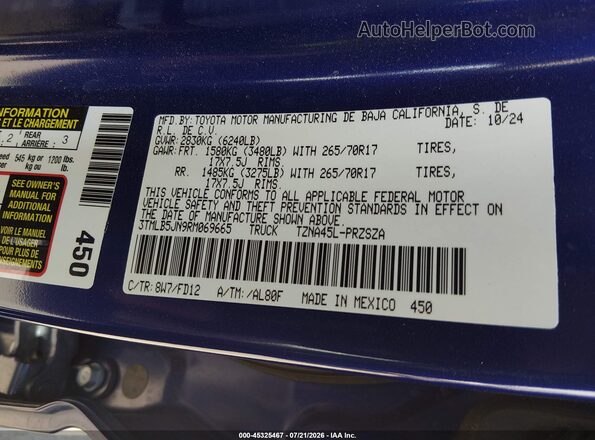 3TMLB5JN9RM069665 2024 TOYOTA TACOMA Blue ძრავის განყოფილების ხედი