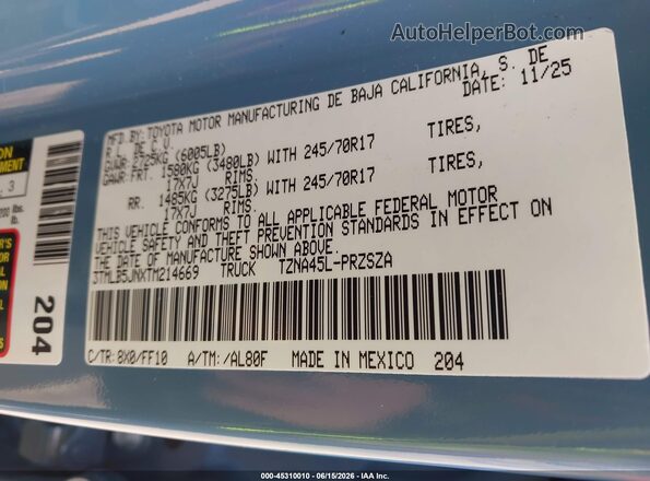 3TMLB5JNXTM214669 2026 TOYOTA TACOMA Синий Вид подкапотного пространства