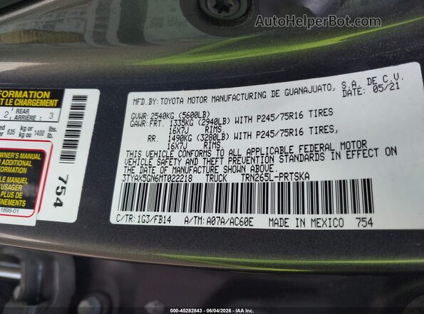 3TYAX5GN6MT022218 2021 TOYOTA TACOMA Gray Вид підкапотного простору