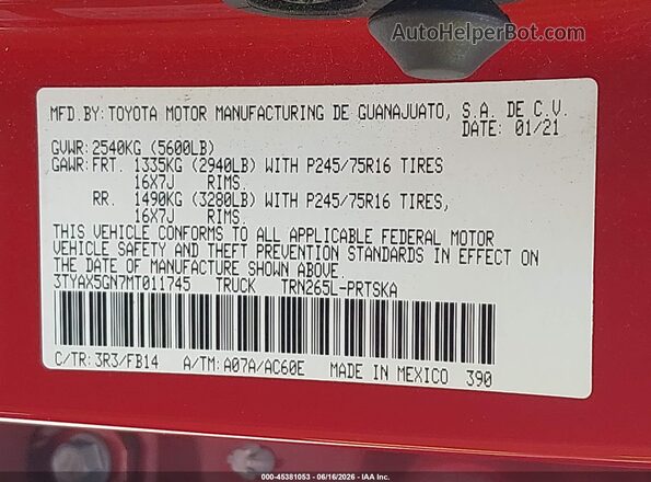 3TYAX5GN7MT011745 2021 TOYOTA TACOMA Red Vista del compartimento del motor
