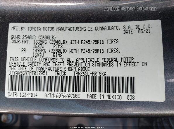 3TYAX5GN7MT017951 2021 TOYOTA TACOMA Gray Вид підкапотного простору
