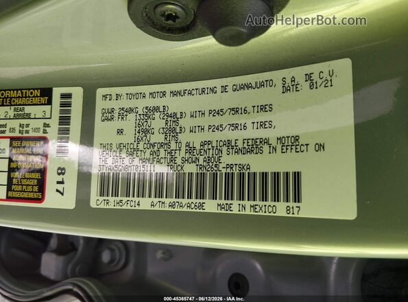 3TYAX5GN8MT015111 2021 TOYOTA TACOMA Gray Vista del compartimento del motor