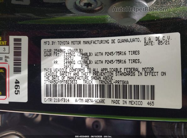3TYAX5GN9MT023833 2021 TOYOTA TACOMA Black Engine compartment view