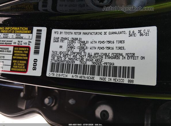 3TYAX5GNXMT024389 2021 TOYOTA TACOMA Black Engine compartment view