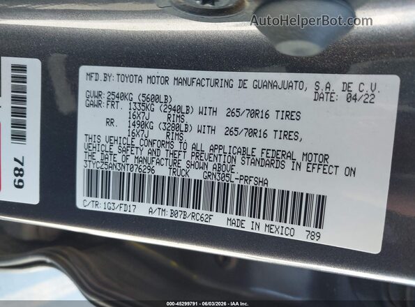 3TYCZ5AN3NT076296 2022 TOYOTA TACOMA Gray 