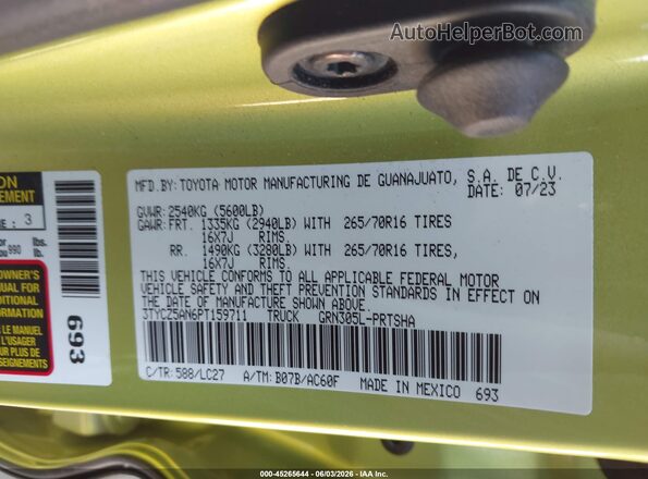 3TYCZ5AN6PT159711 2023 TOYOTA TACOMA Green Вид підкапотного простору