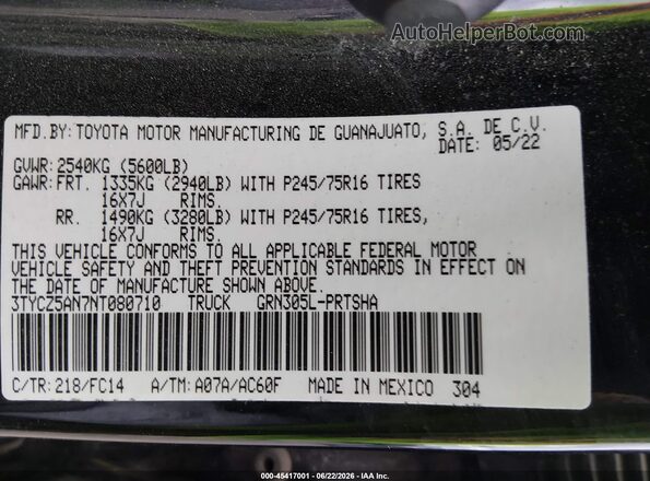 3TYCZ5AN7NT080710 2022 TOYOTA TACOMA Black Vista del compartimento del motor