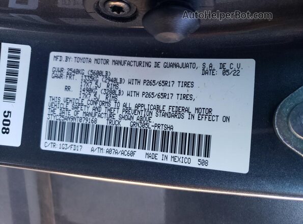 3TYCZ5AN9NT079168 2022 TOYOTA TACOMA Gray Engine compartment view