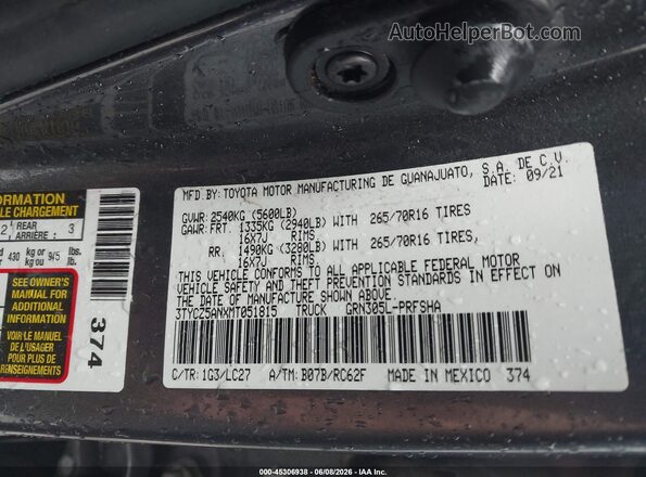 3TYCZ5ANXMT051815 2021 TOYOTA TACOMA Gray Widok komory silnika