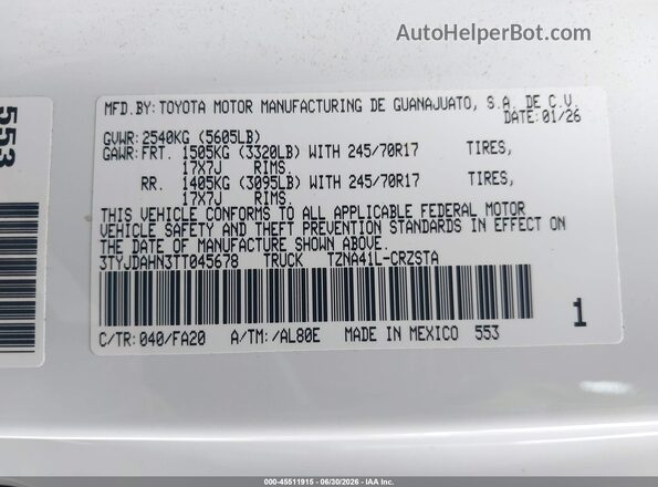3TYJDAHN3TT045678 2026 TOYOTA TACOMA White Engine compartment view