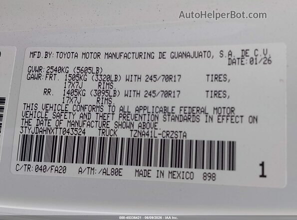 3TYJDAHNXTT043524 2026 TOYOTA TACOMA Белый Вид подкапотного пространства