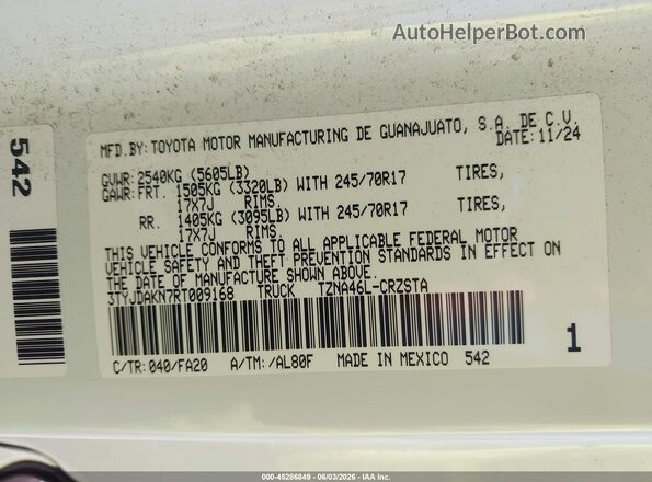 3TYJDAKN7RT009168 2024 TOYOTA TACOMA White Вид підкапотного простору
