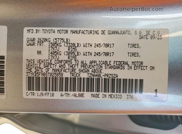3TYKB5FN0ST025858 2025 TOYOTA TACOMA Silver Vista del compartimento del motor