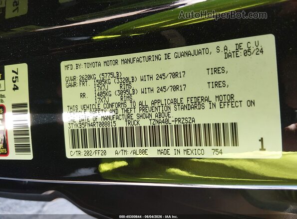 3TYKB5FN4RT008815 2024 TOYOTA TACOMA Black Շարժիչի բաժամունքի տեսք