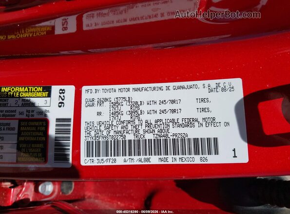 3TYKB5FN9ST022750 2025 TOYOTA TACOMA Красный Вид подкапотного пространства
