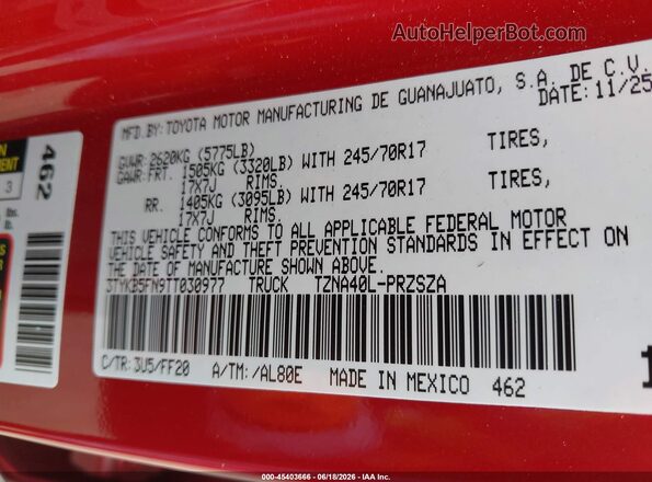 3TYKB5FN9TT030977 2026 TOYOTA TACOMA Red Շարժիչի բաժամունքի տեսք