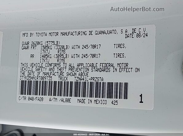 3TYKD5HN1RT009735 2024 TOYOTA TACOMA White Շարժիչի բաժամունքի տեսք