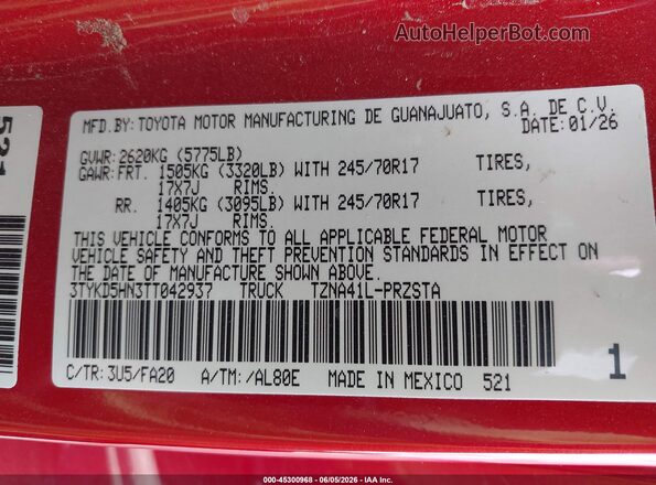 3TYKD5HN3TT042937 2026 TOYOTA TACOMA Красный Вид подкапотного пространства