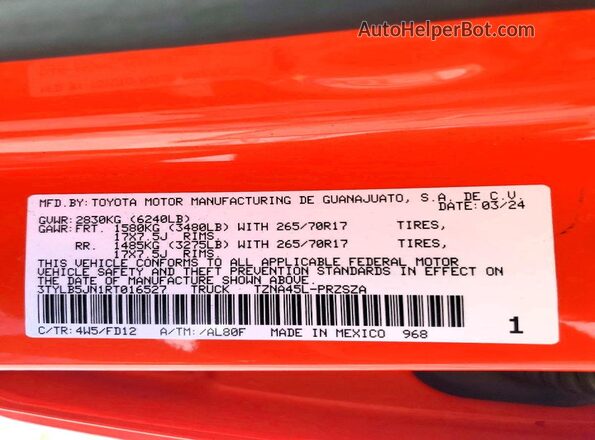 3TYLB5JN1RT016527 2024 TOYOTA TACOMA Оранжевый Вид наклейки с VIN-кодом