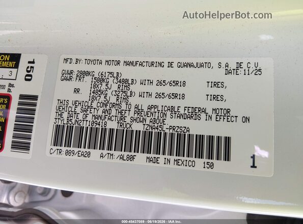 3TYLB5JN2TT109418 2026 TOYOTA TACOMA White Vista del compartimento del motor