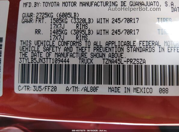 3TYLB5JN3TT109444 2026 TOYOTA TACOMA Red Engine compartment view