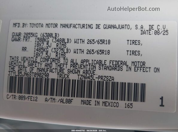 3TYLB5JN6ST090290 2025 TOYOTA TACOMA White Вид підкапотного простору