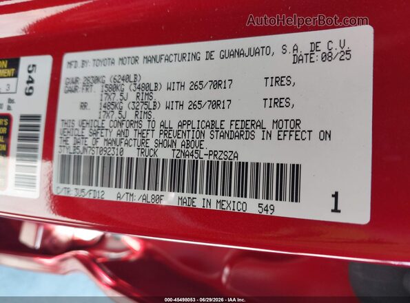 3TYLB5JN7ST092310 2025 TOYOTA TACOMA Red Engine compartment view