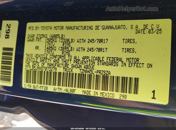 3TYLB5JNXST073279 2025 TOYOTA TACOMA Blue Вид підкапотного простору