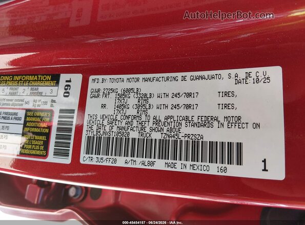 3TYLB5JNXST105020 2025 TOYOTA TACOMA Red Vista del compartimento del motor