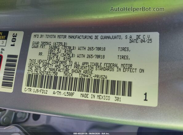 3TYLC5LN2ST031750 2025 TOYOTA TACOMA HYBRID Серебряный Вид подкапотного пространства