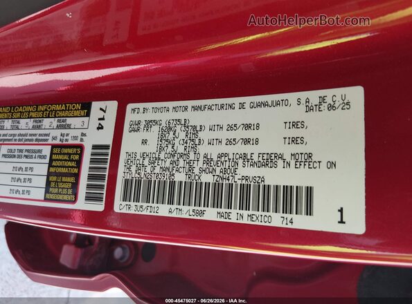 3TYLC5LN2ST039105 2025 TOYOTA TACOMA HYBRID Red Շարժիչի բաժամունքի տեսք