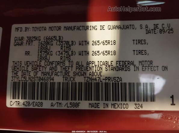 3TYLC5LN2ST046894 2025 TOYOTA TACOMA HYBRID Orange Widok komory silnika