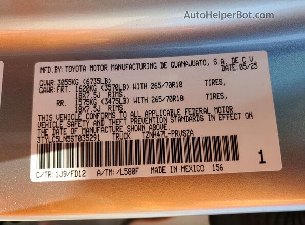 3TYLC5LN5ST035291 2025 TOYOTA TACOMA Silver VIN sticker view
