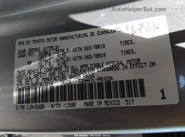 3TYLC5LNXRT013216 2024 TOYOTA TACOMA HYBRID Silver ძრავის განყოფილების ხედი