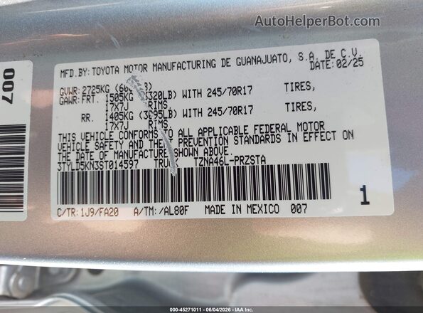 3TYLD5KN3ST014597 2025 TOYOTA TACOMA Silver Vista del compartimento del motor