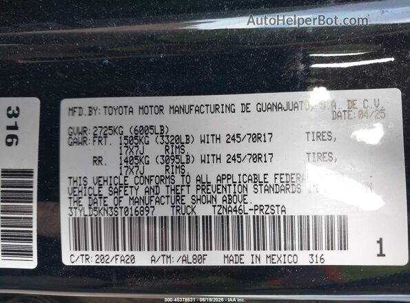 3TYLD5KN3ST016897 2025 TOYOTA TACOMA Черный Вид подкапотного пространства